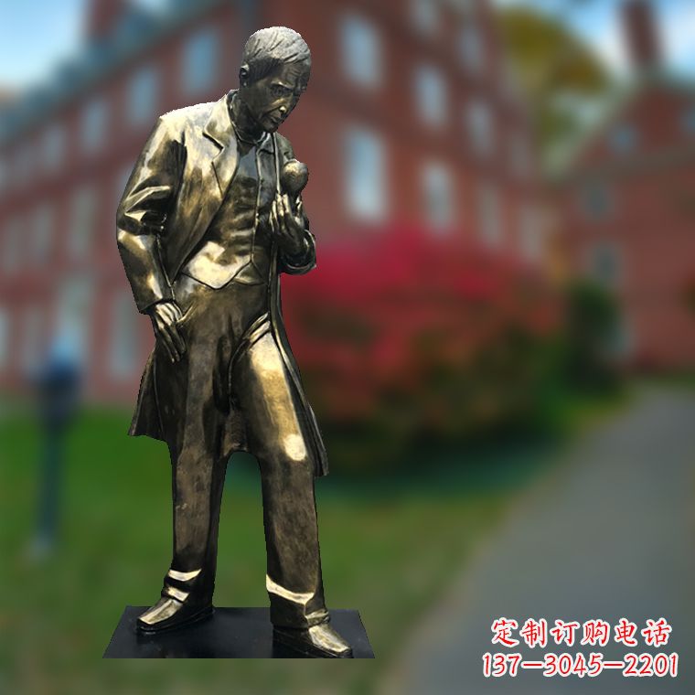 安阳爱迪生与灯泡-玻璃钢仿铜校园名人全身雕塑