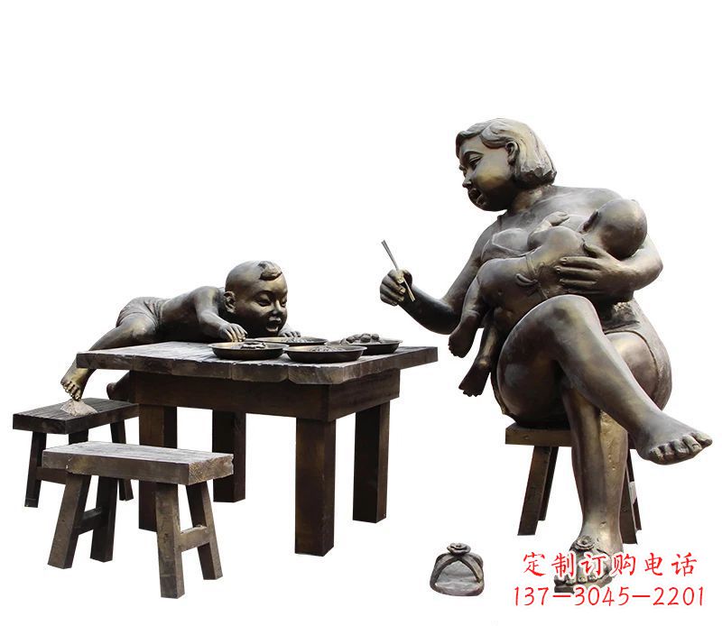 安阳哺乳的母亲和吃饭的儿童公园小品铜雕