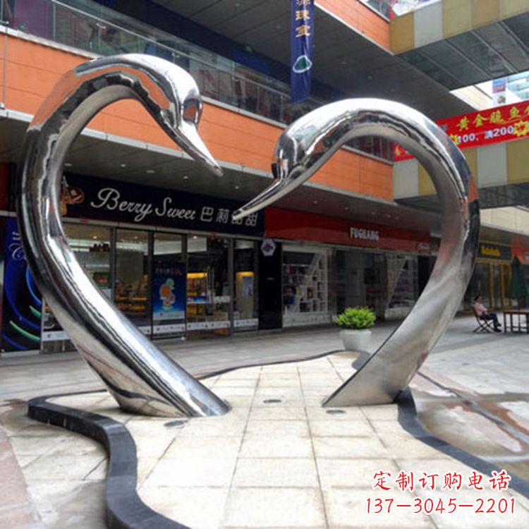 安阳不锈钢爱心天鹅情侣雕塑-大型户外广场抽象动物景观摆件心型天鹅头雕塑
