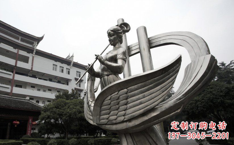 安阳古典美女不锈钢吹笛子雕塑