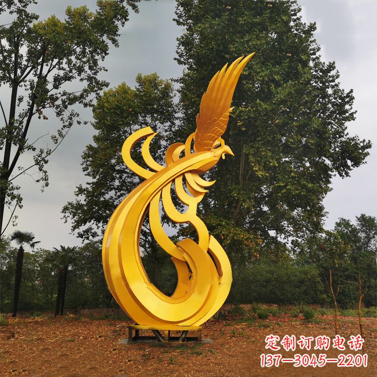 安阳不锈钢漆金凤凰雕塑-黄金色园林动物景观雕塑