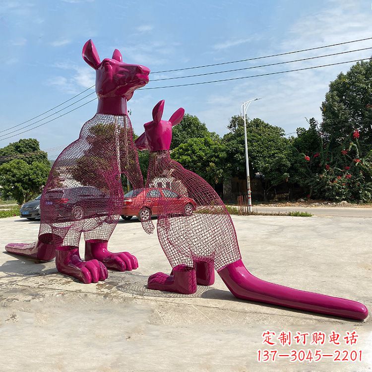 安阳不锈钢铁艺网格袋鼠雕塑-公园园林广场动物景观摆件