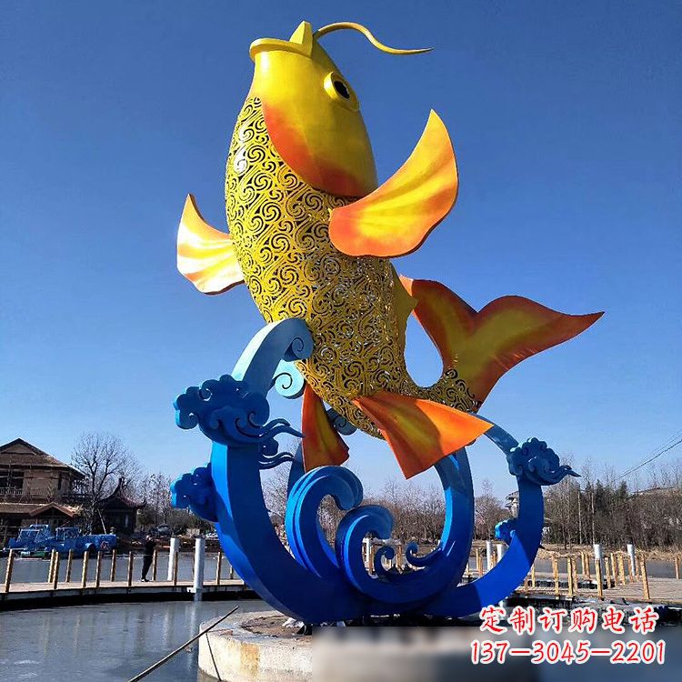 安阳彩绘不锈钢鱼跃雕塑-大型水景喷泉动物雕塑