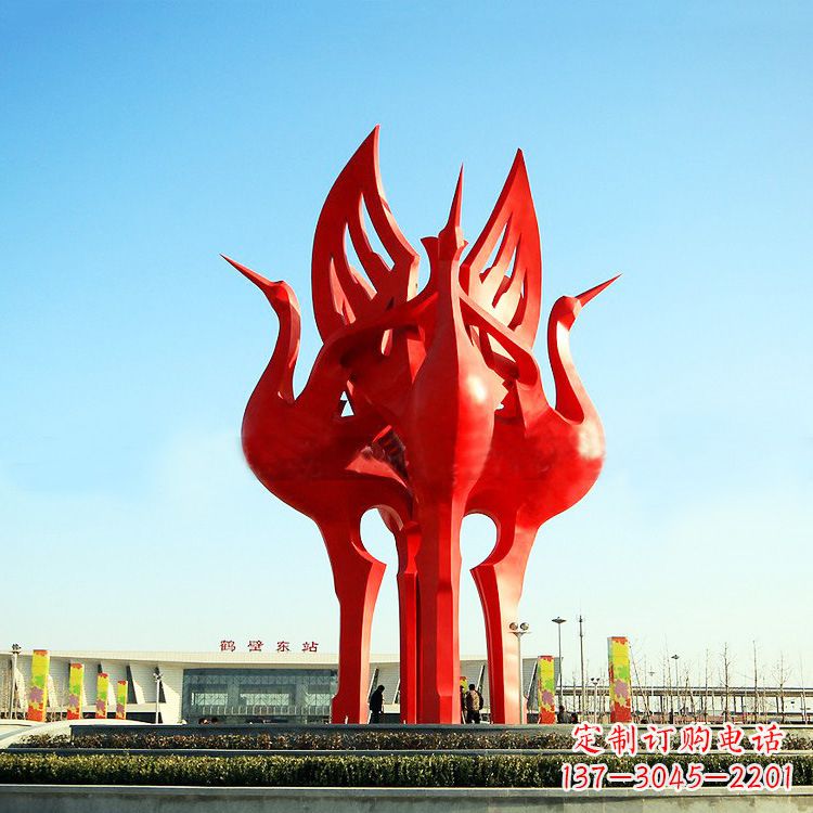 安阳城市广场4只展翅欲飞的不锈钢仙鹤动物景观雕塑