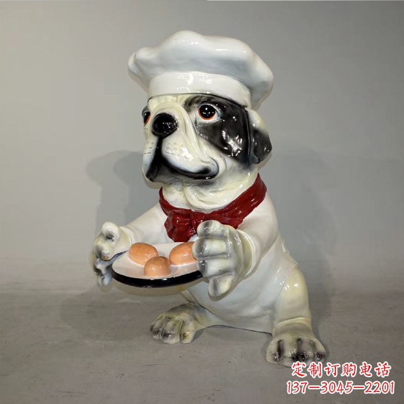 安阳厨师造型斗牛犬,玻璃钢仿陶瓷狗雕塑