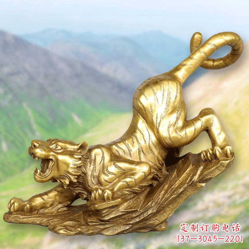 安阳纯铜鎏金老虎下山雕塑,生肖虎动物雕塑摆件
