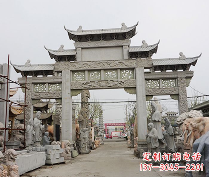 安阳村庄大理石三门牌坊石雕 (3)