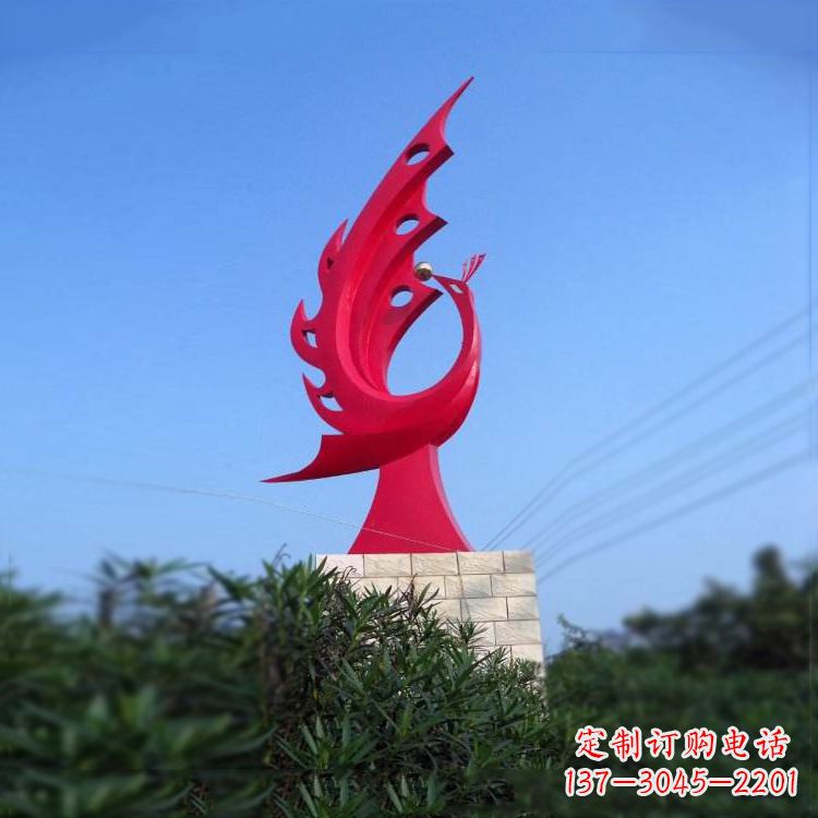 安阳大象红色凤凰不锈钢雕塑-城市动物标识景观雕塑