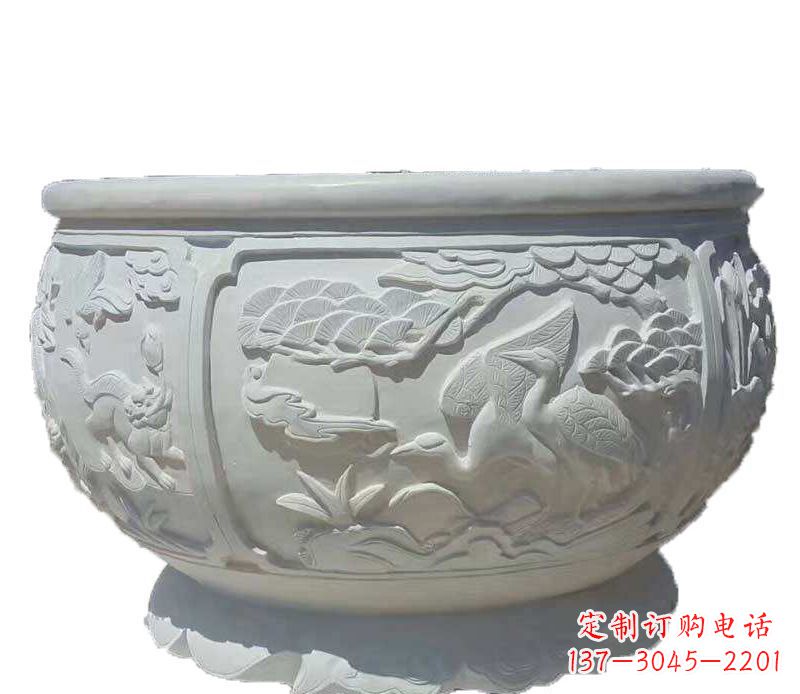 安阳仿古鱼缸石雕花盆摆件