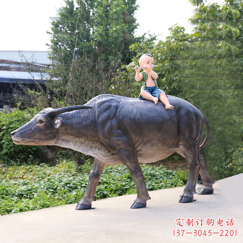 安阳仿真水牛+吹笛子的牧童雕塑