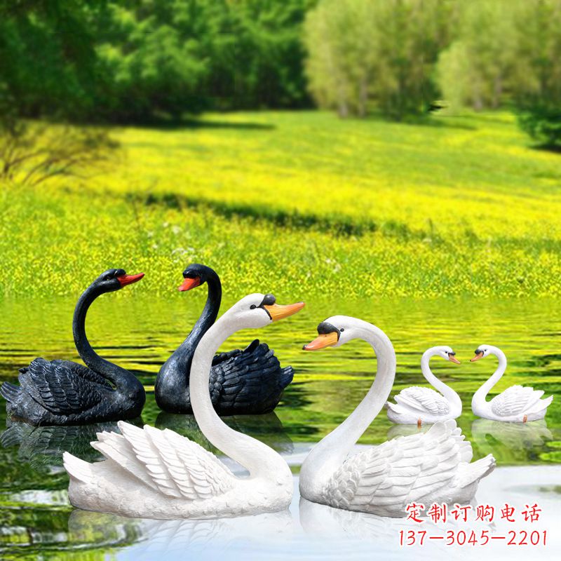 安阳仿真天鹅玻璃钢雕塑-黑白天鹅园林水景装饰动物摆件