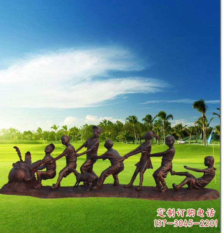 安阳公园拔萝卜儿童玻璃钢仿铜雕塑