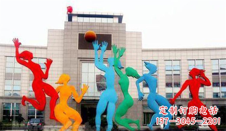 安阳公园不锈钢打篮球的女孩雕塑