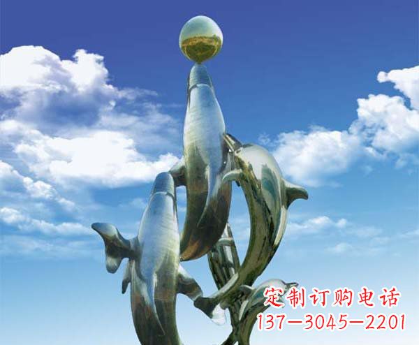 安阳公园不锈钢顶球海豚动物雕塑