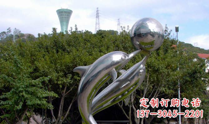 安阳公园不锈钢海豚顶球雕塑