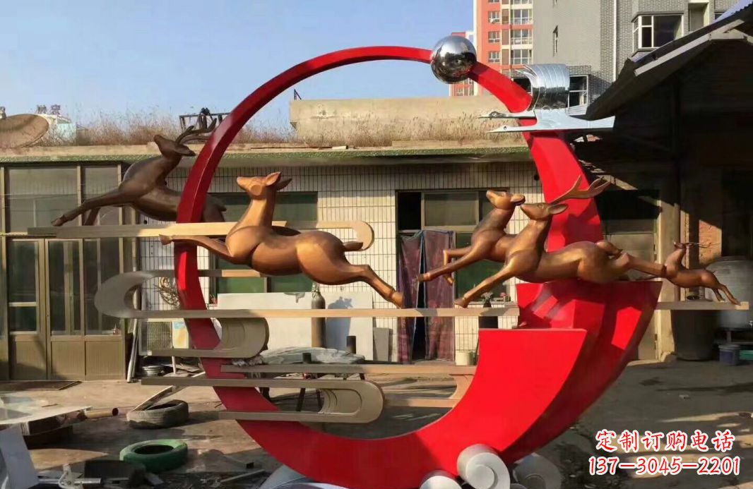 安阳公园不锈钢梅花鹿祥云仙鹤雕塑