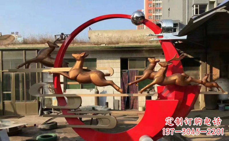 安阳公园不锈钢梅花鹿祥云仙鹤雕塑 (2)