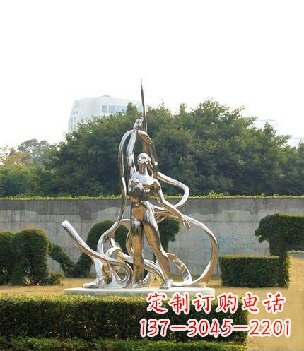 安阳公园不锈钢跳丝带舞的女孩雕塑