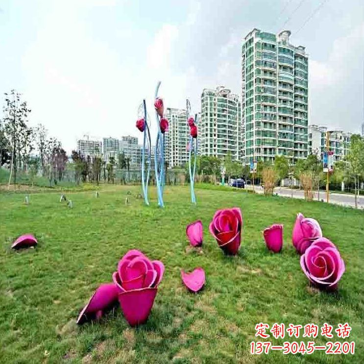 安阳公园草坪不锈钢玫瑰装饰花朵雕塑