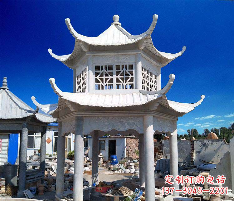 安阳公园大理石六角石雕双层凉亭