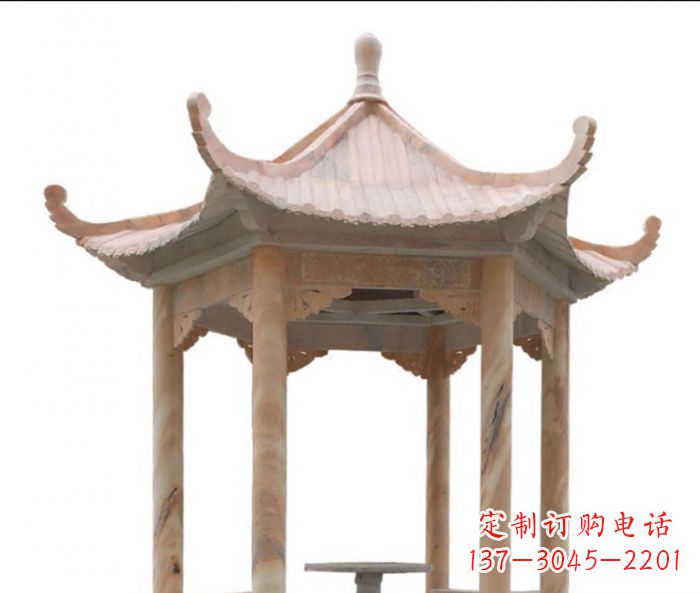 安阳美丽而优雅的公园晚霞红六角石凉亭雕塑