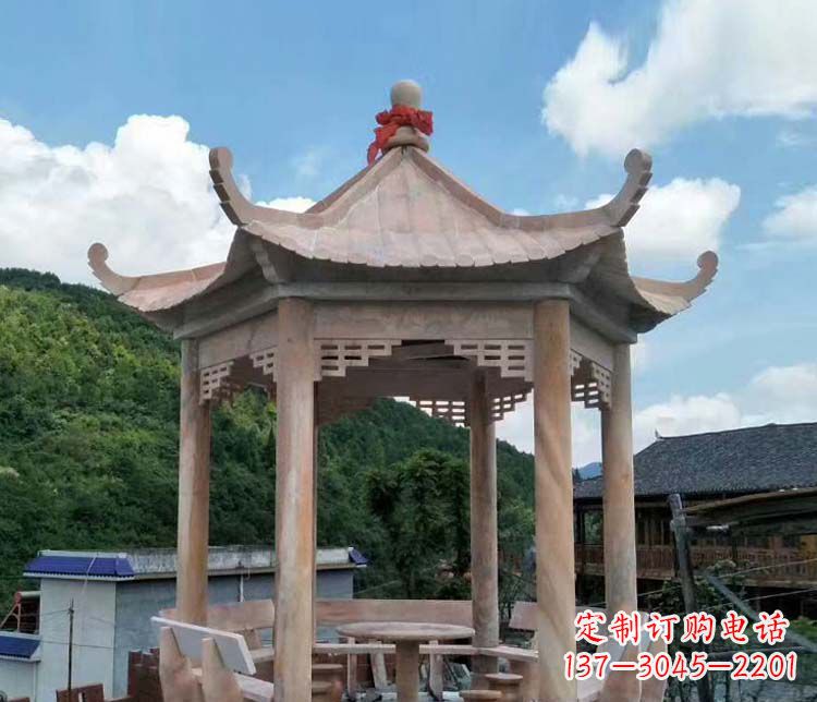 安阳一流的公园晚霞红六角石雕凉亭