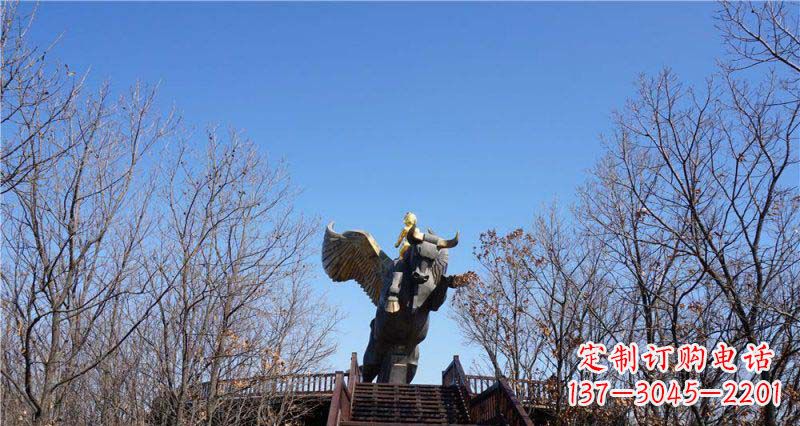 安阳精美铜雕雕塑——可爱小男孩站在飞牛上