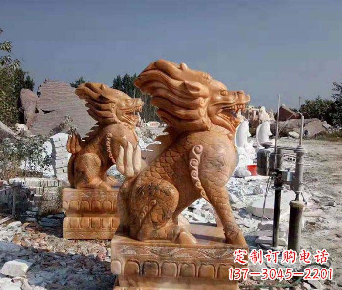 安阳精美绝伦,古典神兽晚霞红石雕麒麟