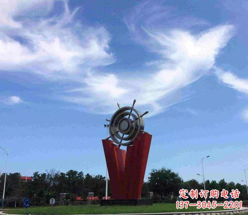安阳海上风情，精致大气的不锈钢船舵雕塑