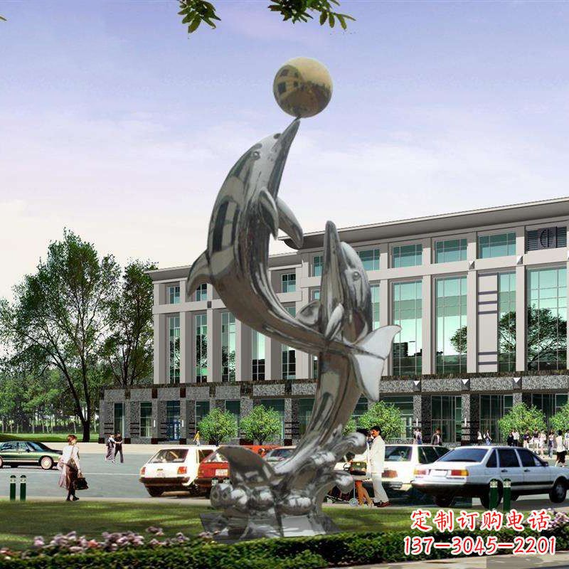 安阳不锈钢海豚戏球雕塑,营造清新海岸风情