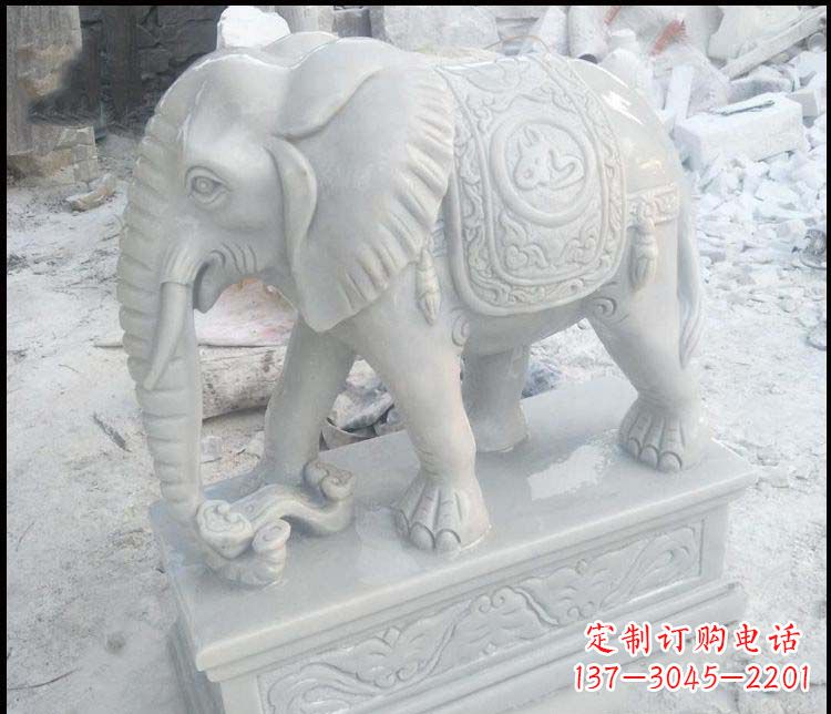 安阳精美汉白玉吉祥鼻卷如意大象雕塑