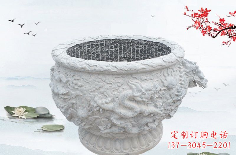 安阳汉白玉龙浮雕水缸,传承传统经典