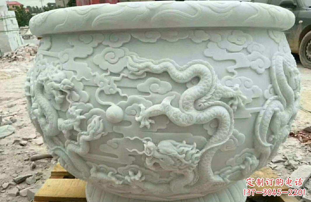 安阳汉白玉龙浮雕水缸雕塑