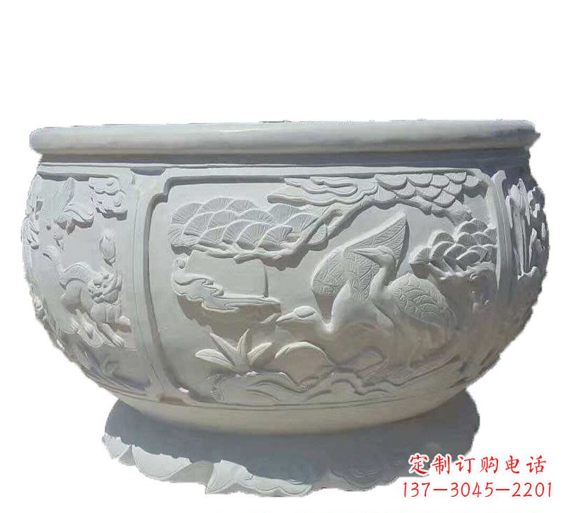 安阳汉白玉松鹤延年浮雕水缸,带给您无尽的岁月美景