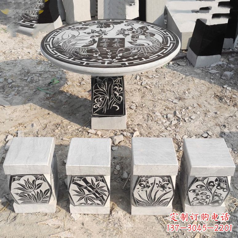 安阳梅兰竹菊仿古方石桌凳雕塑,古朴典雅