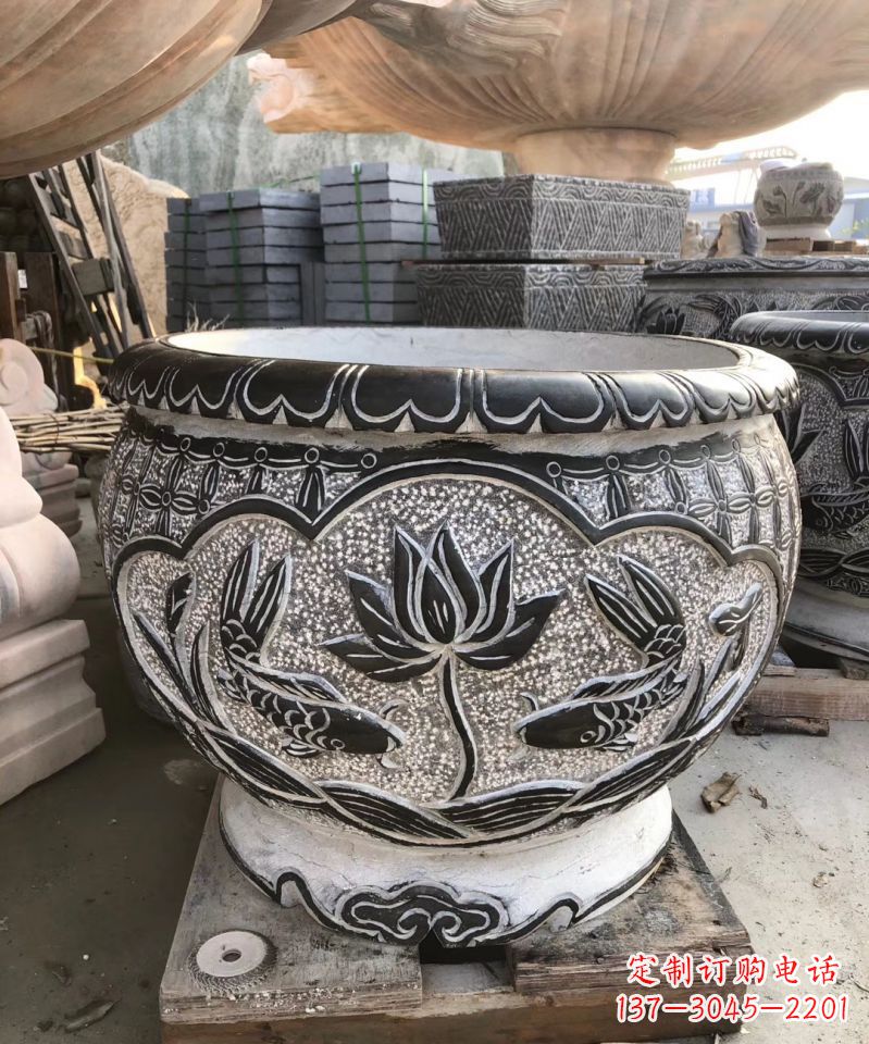 安阳青石仿古荷花水缸雕塑