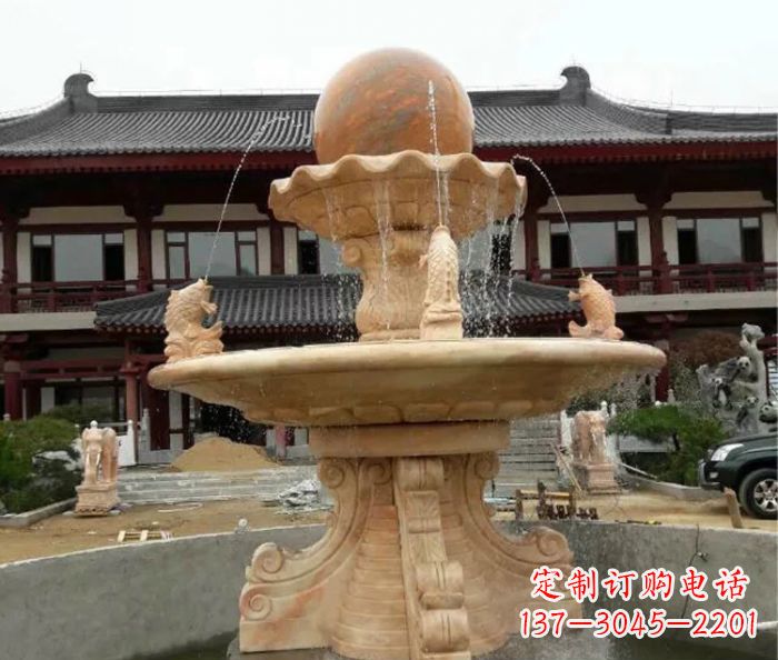 安阳双层风水球喷泉晚霞红石雕