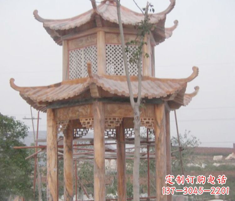 安阳双层晚霞红石凉亭石雕 (2)