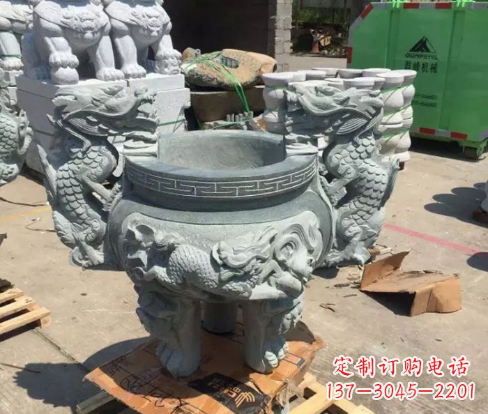安阳寺庙景观青石龙头香炉石雕 (2)