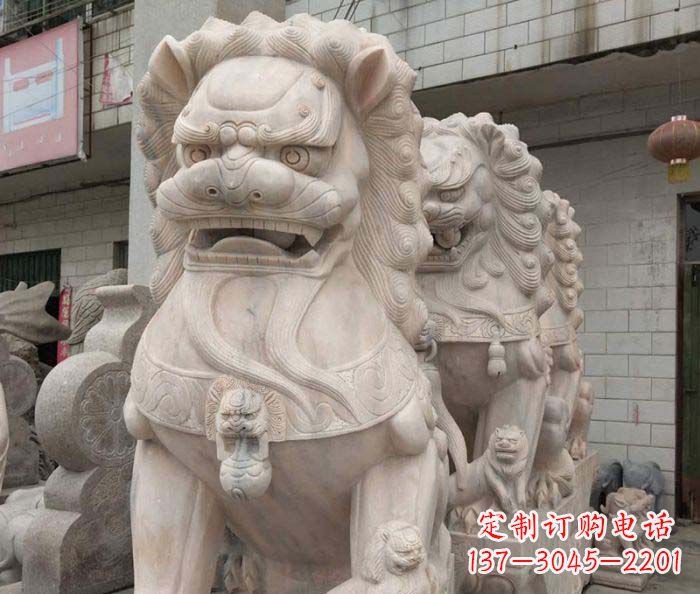 安阳寺庙景观晚霞红狮子石雕