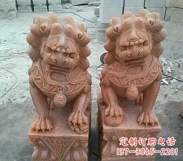 安阳晚霞红传统狮子石雕