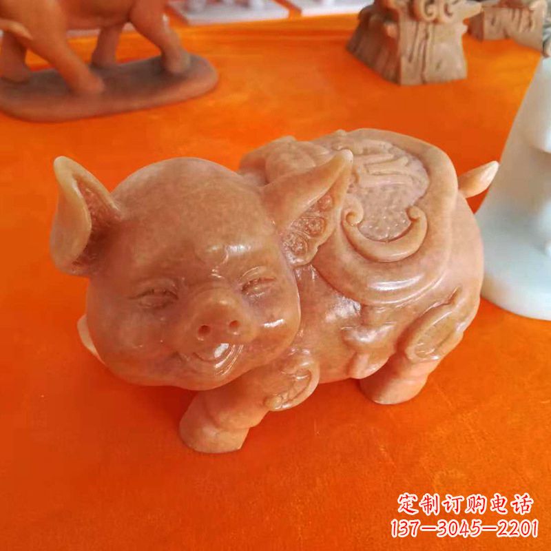 安阳晚霞红大理石招财猪雕塑-企业商场创意生肖动物风水摆件