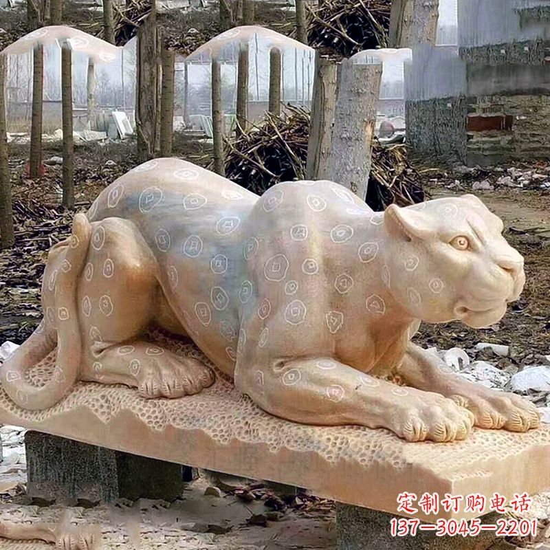 安阳晚霞红金钱豹石雕-公园园林草坪动物雕塑