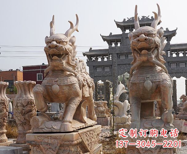 安阳晚霞红瑞兽麒麟石雕 (2)
