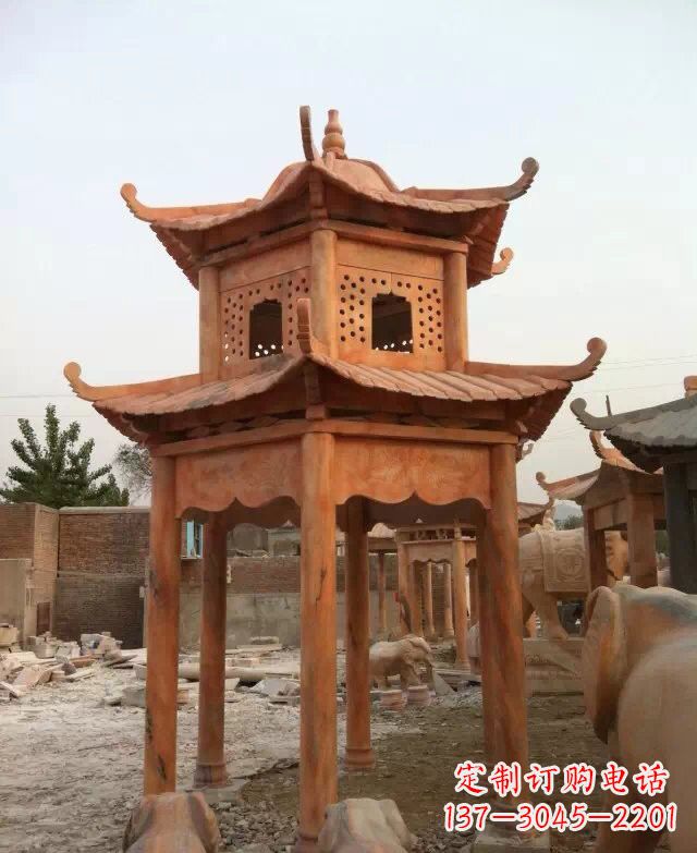 安阳晚霞红双层凉亭石雕