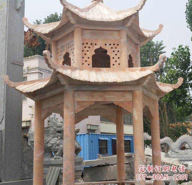 安阳晚霞红双层六角凉亭石雕 (2)