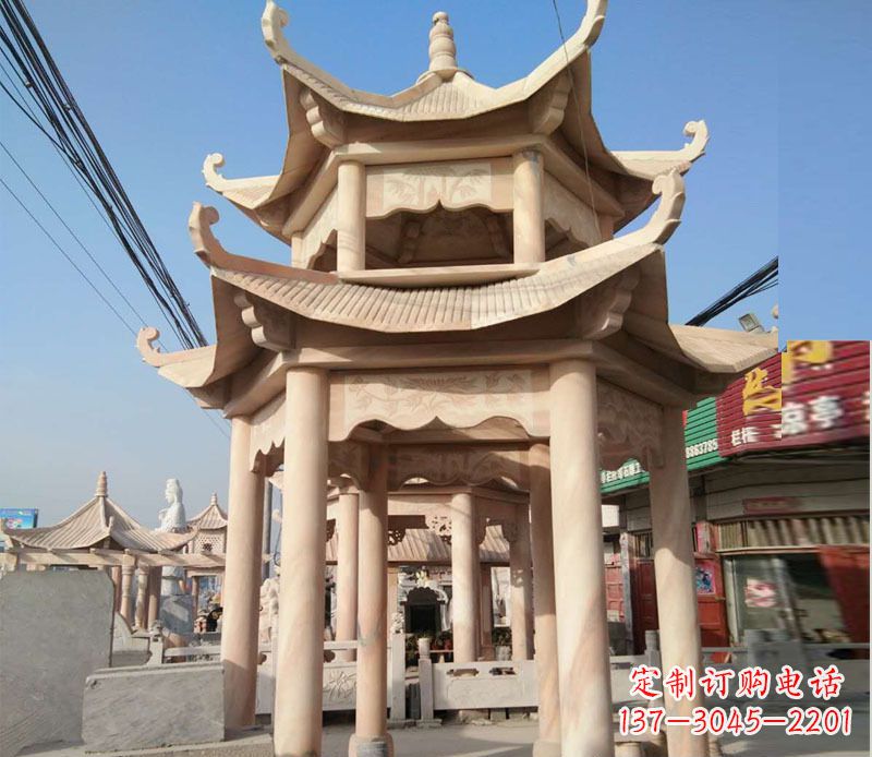 安阳晚霞红双层六角凉亭石雕 (3)