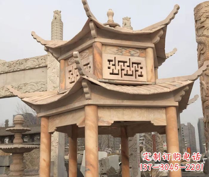 安阳晚霞红双层石雕凉亭