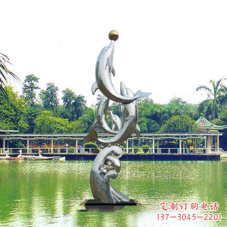 安阳戏球不锈钢海豚雕塑-园林水景动物景观