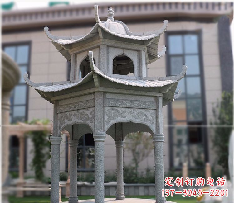 安阳小区大理石六角石雕双层凉亭